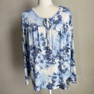 New Bon Worth Blue White Knit Pullover Sweater Women's M Petite Stretch Top